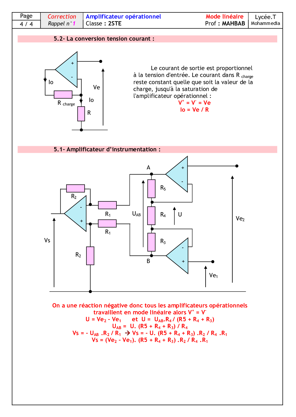 Amplificateur opérationnel Corrigé d'exercices AlloSchool