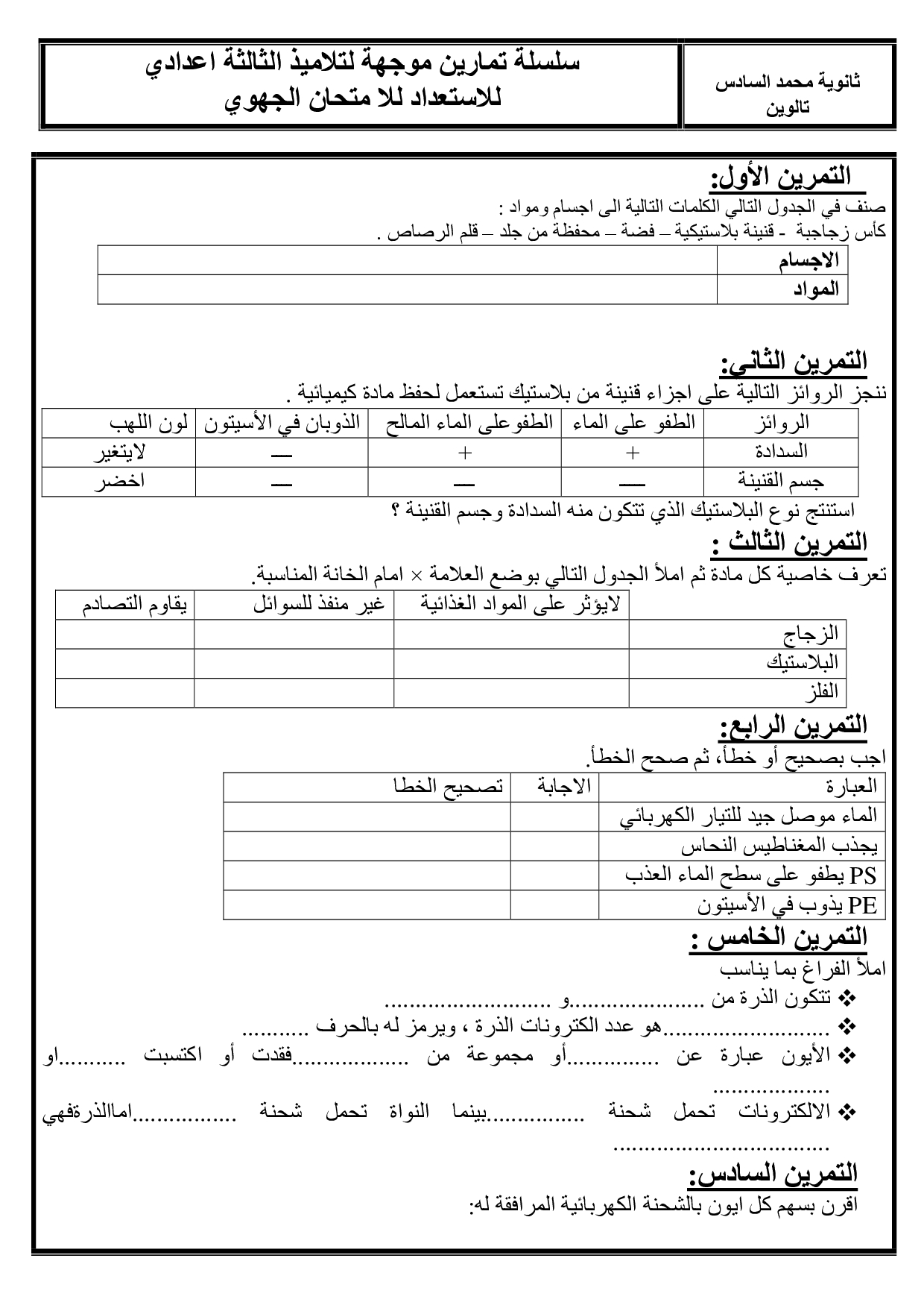 المواد والكهرباء الذرات والأيونات سلسلة التمارين 1 Alloschool