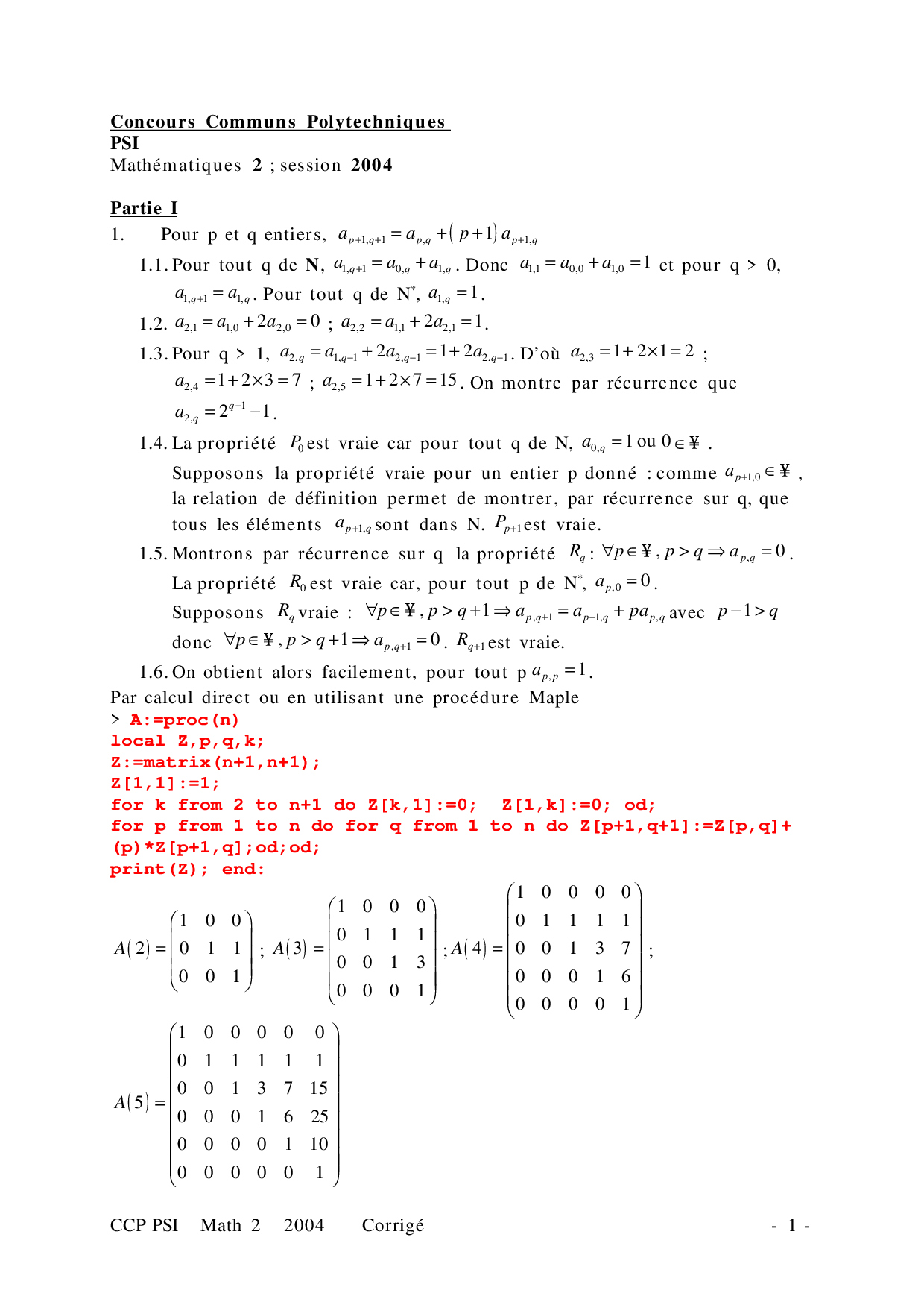 Ccp Psi 2004 Maths 2 Corrige Alloschool