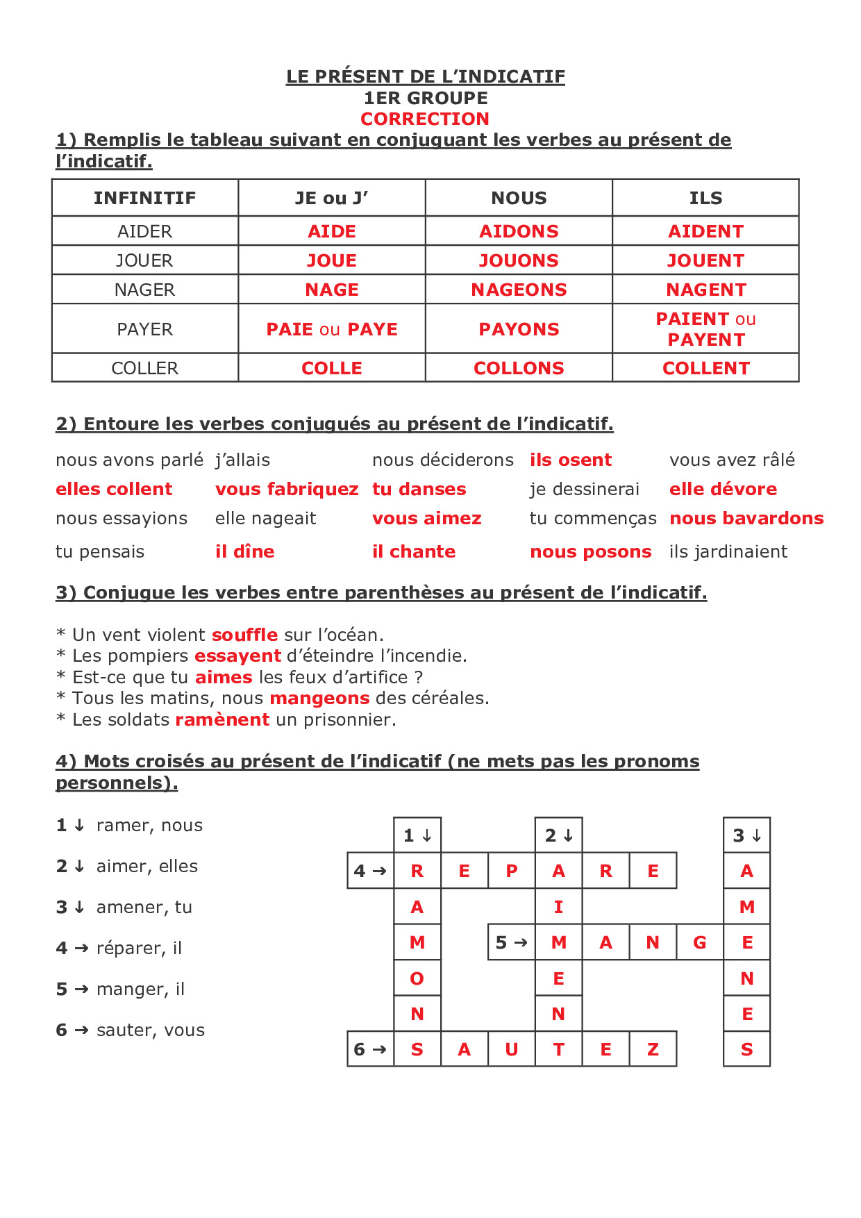 Verbes 1er Groupe Exercices Conjugaison Conjugaison Conjugaison Present ...