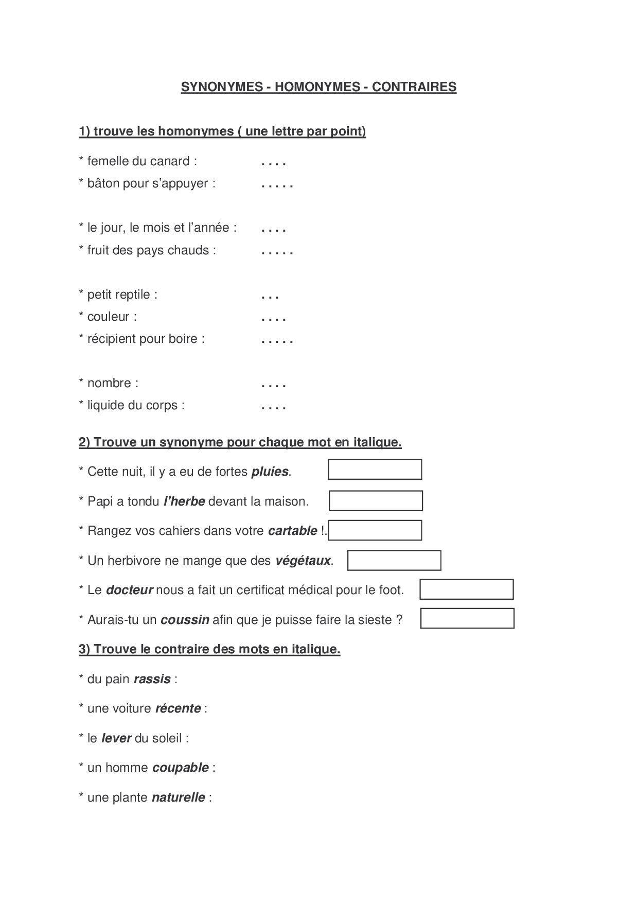 Synonymes homonymes contraires exercices AlloSchool