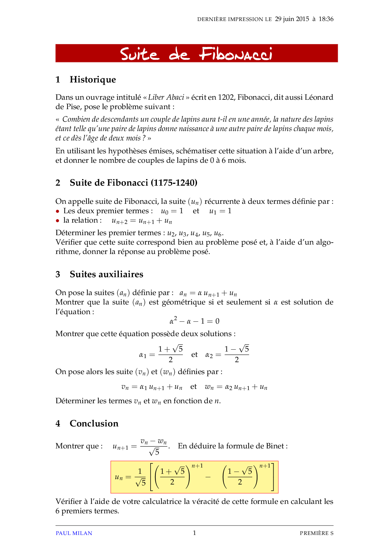 La suite de Fibonacci - Enoncé - AlloSchool