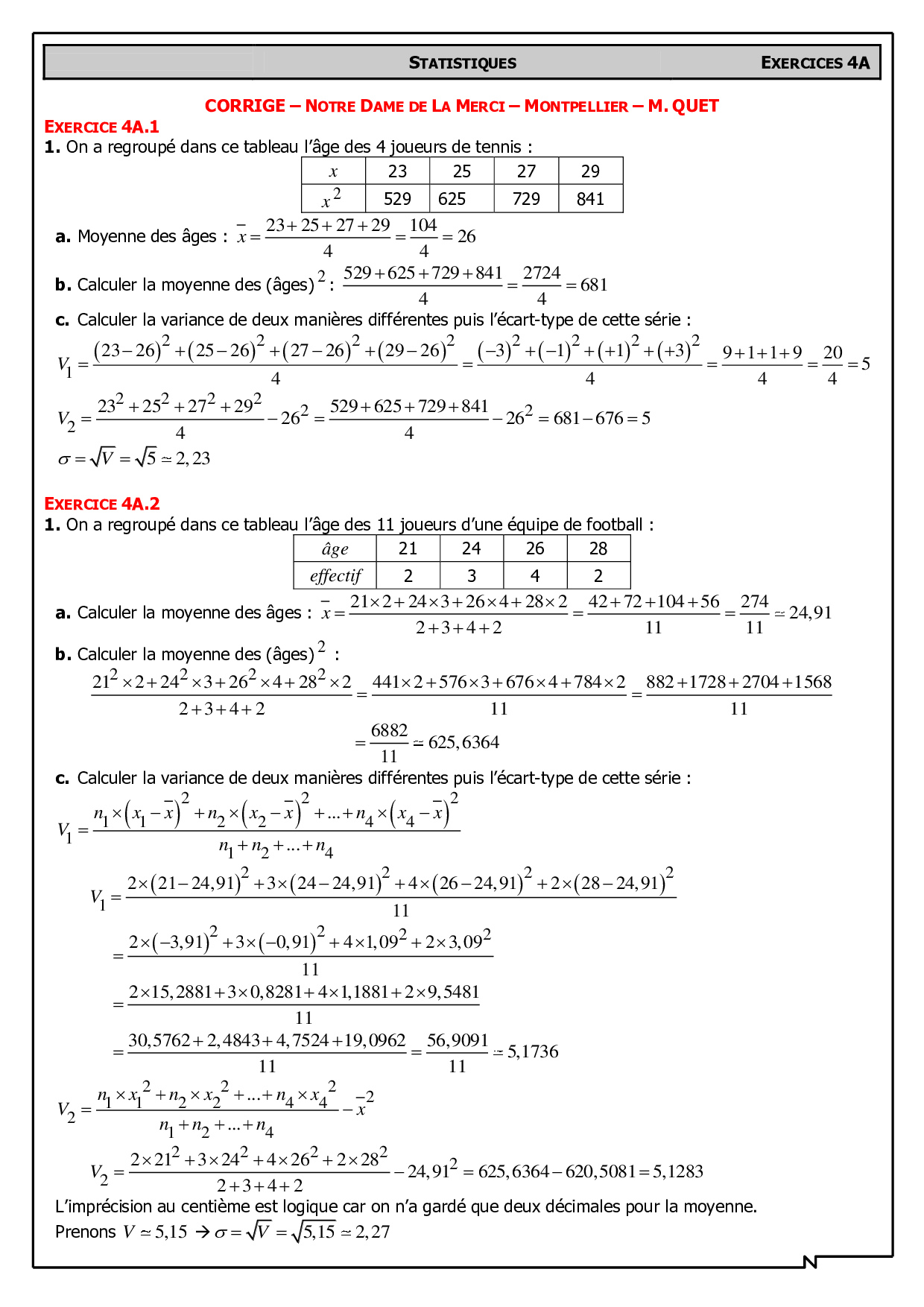 Variance et écart-type - Corrigés d'exercices 1 - AlloSchool