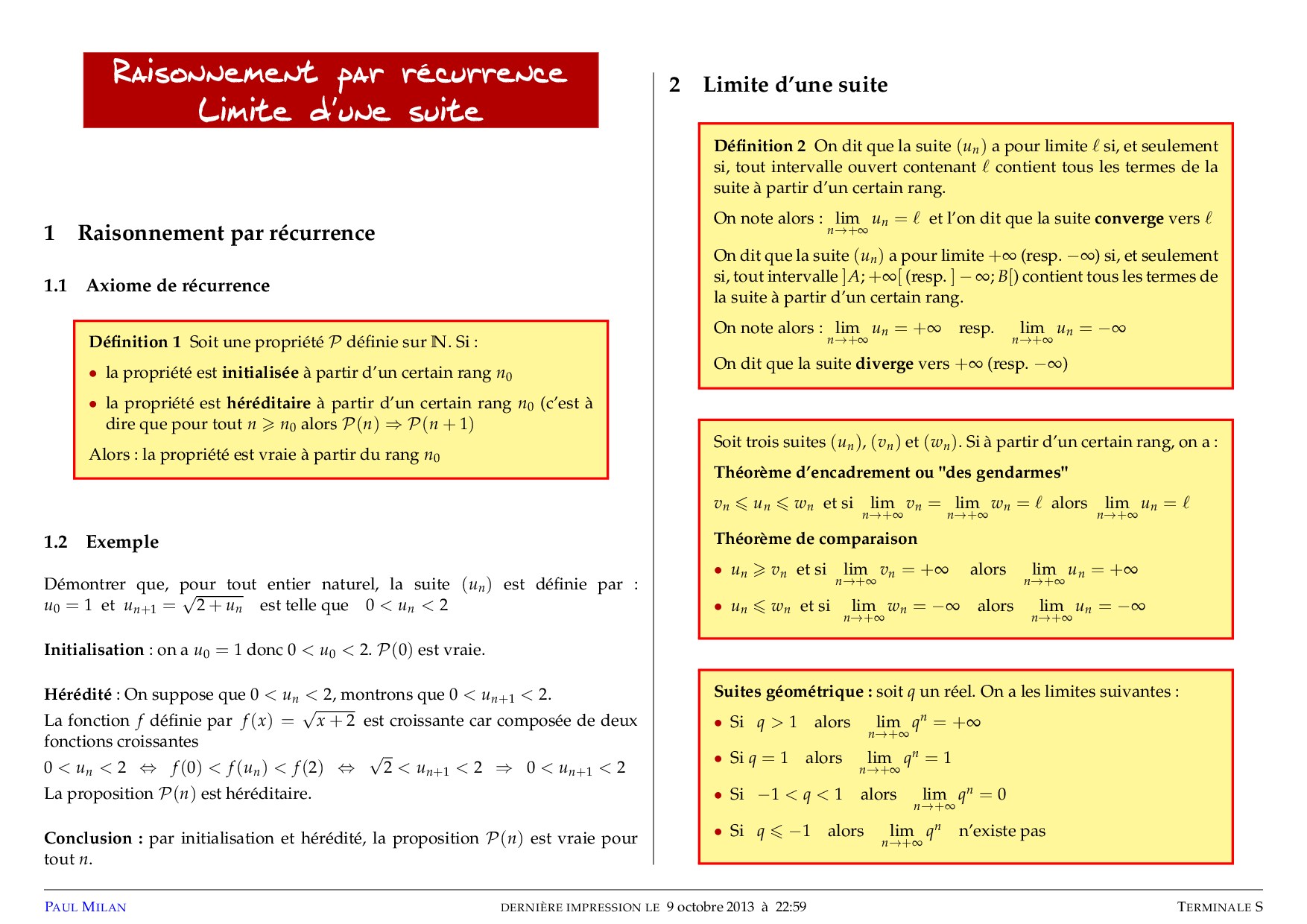 Raisonnement par récurrence - Limites de suites - Fiche - AlloSchool