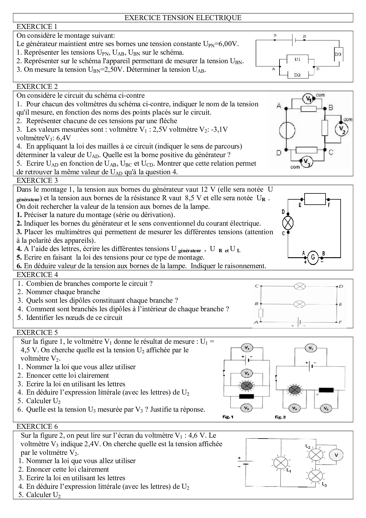 Exercices Sur La Tension électrique 4ème