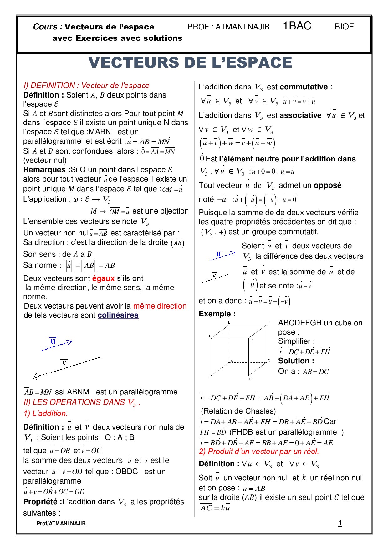 Vecteurs de l’espace - Cours et exercices corrigés - AlloSchool
