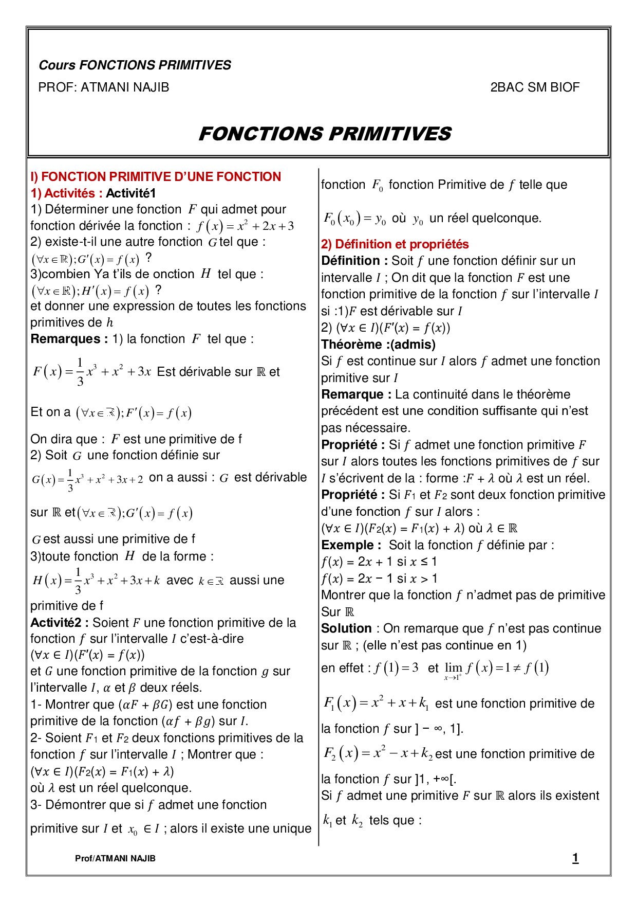 Fonctions primitives Cours et exercices corrigés AlloSchool