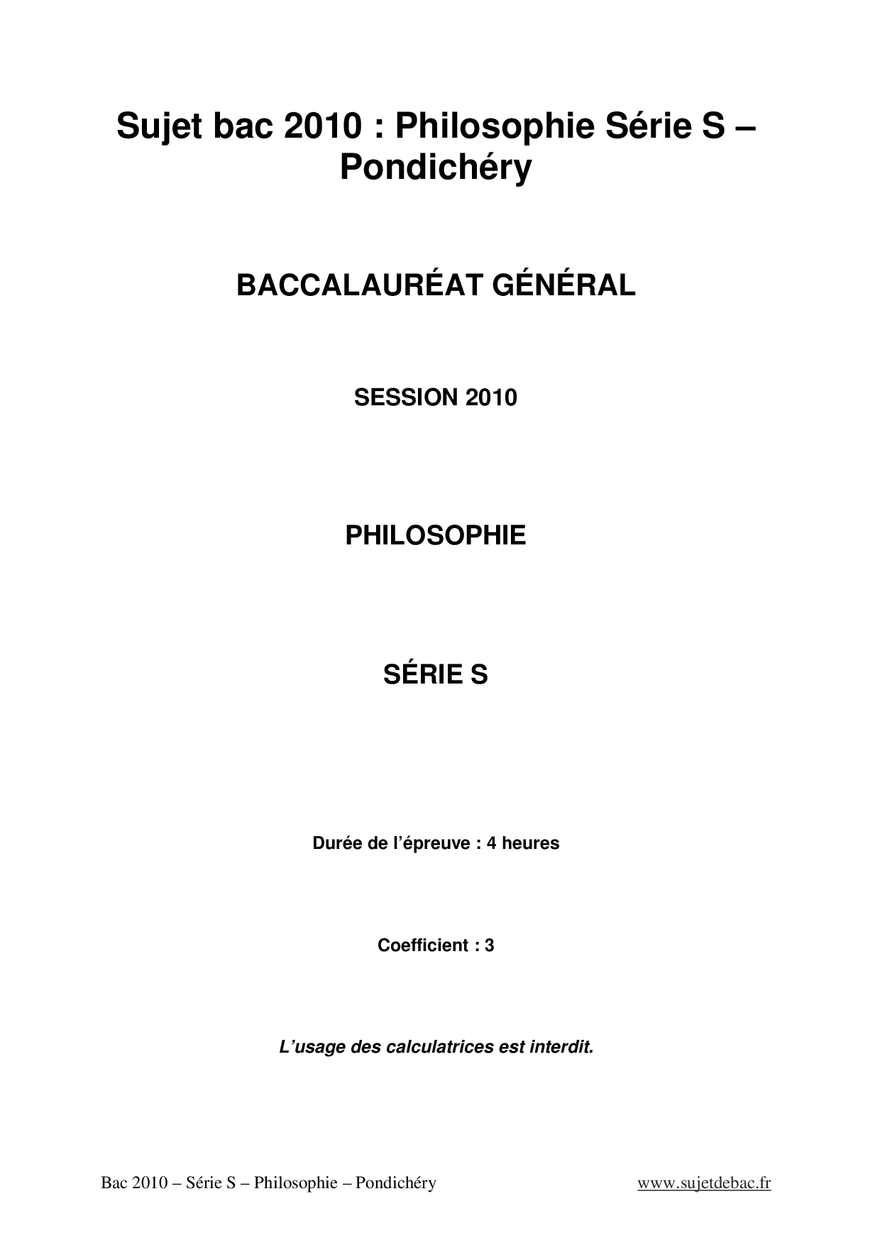 Philosophie bac l es s 2010