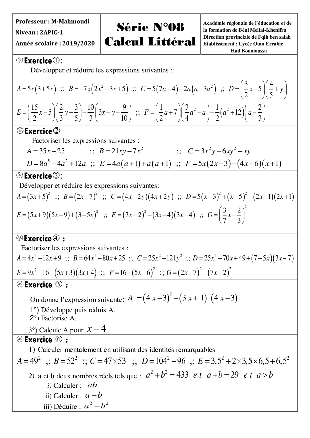 Exercices Calcul Litteral 4eme Vrogue Co Exercices Calcul Litteral 4eme Vrogue Co