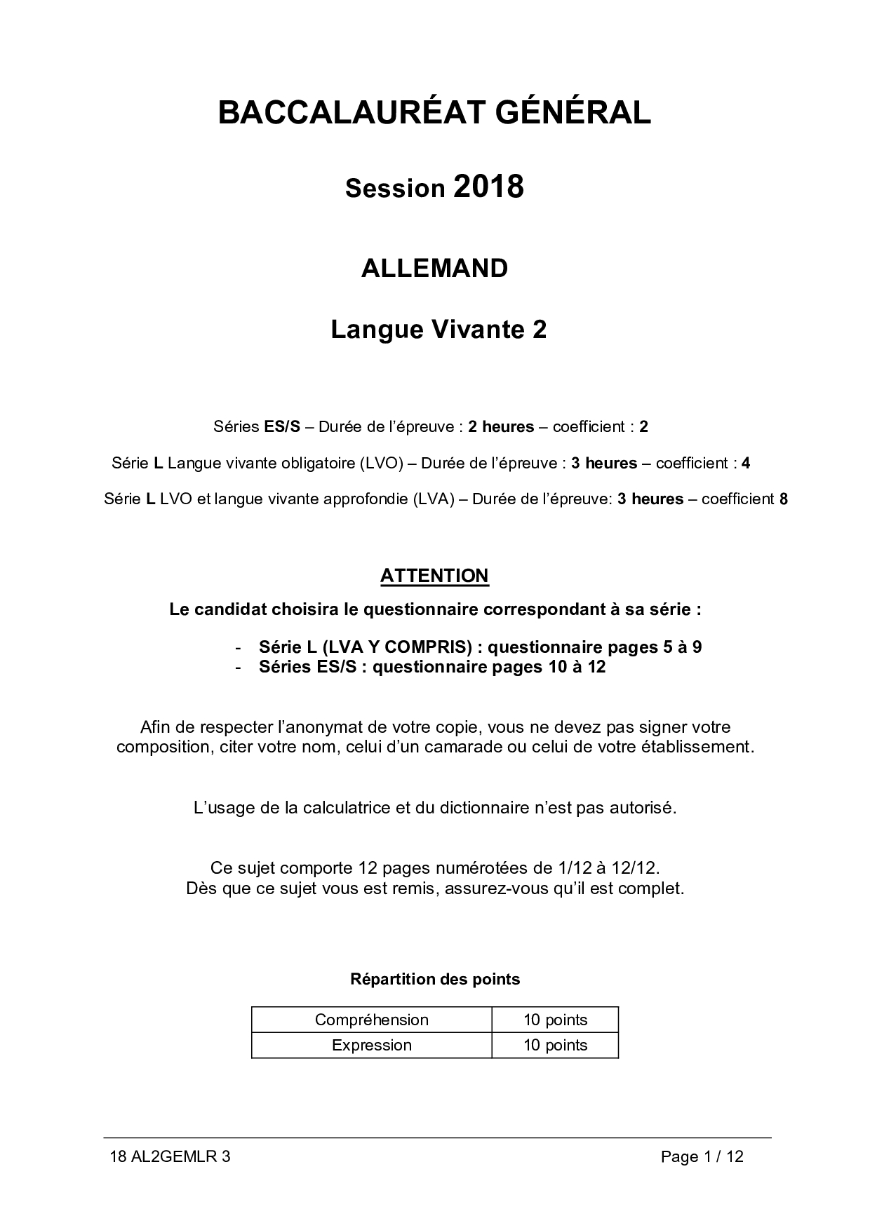 Bac S Es L Allemand Lv2 Metropole 2018 Session De Remplacement Sujet Alloschool