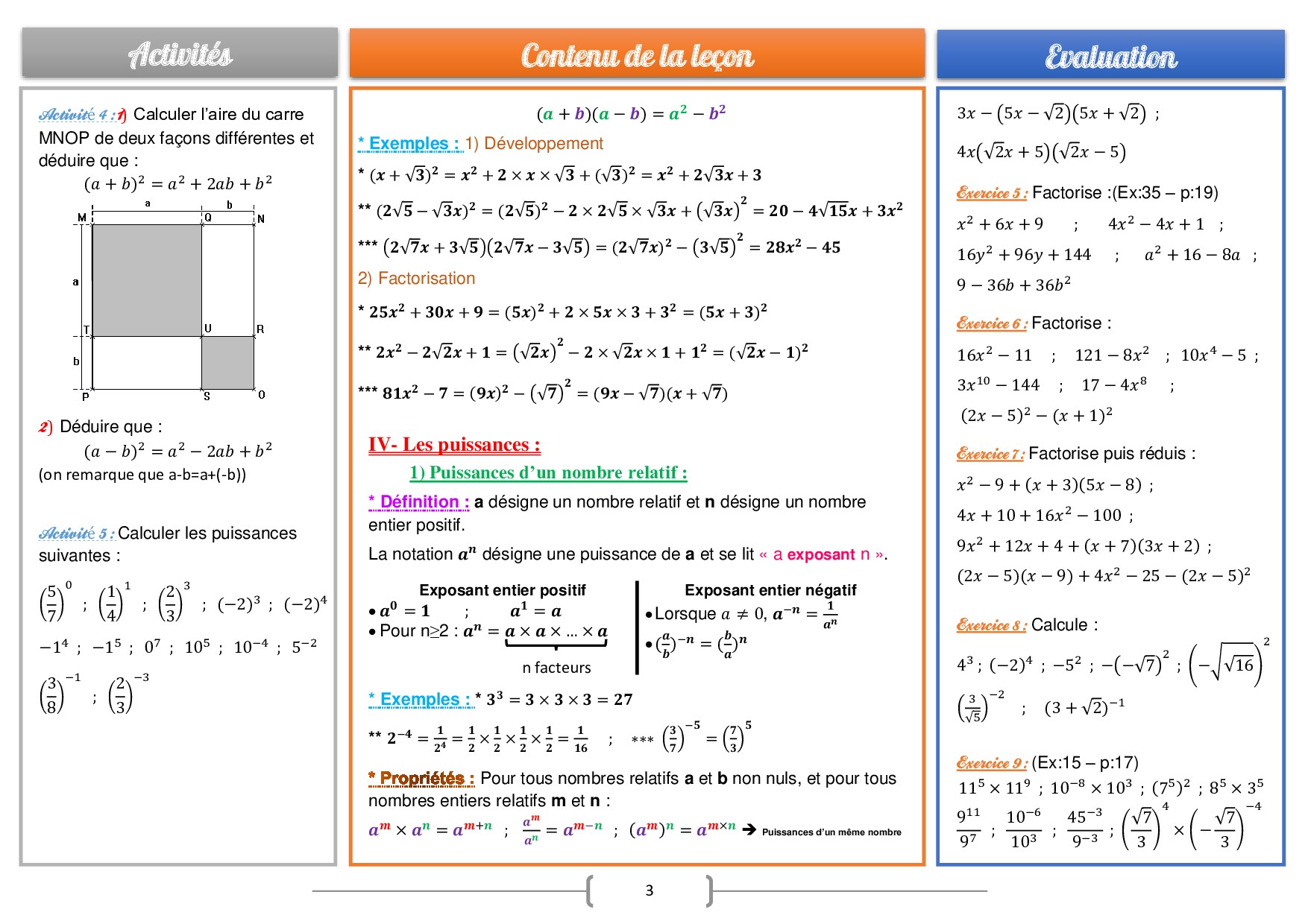 Développement, factorisation et identités remarquables Cours et